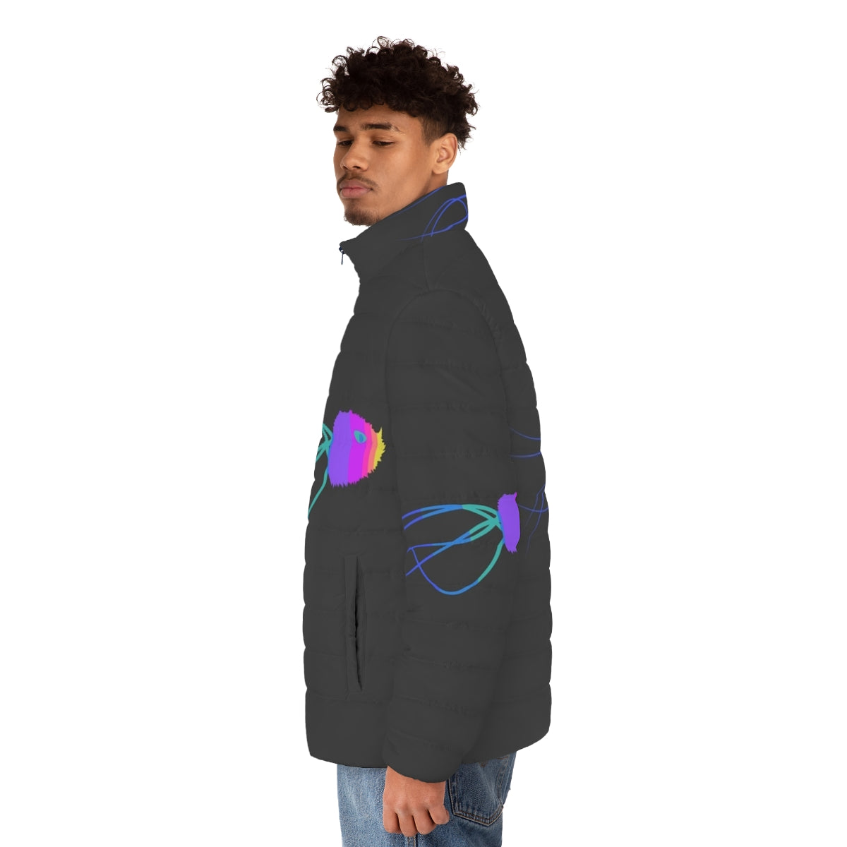 Jellyfish puffer jacket with colorful abstract animal design - men side left