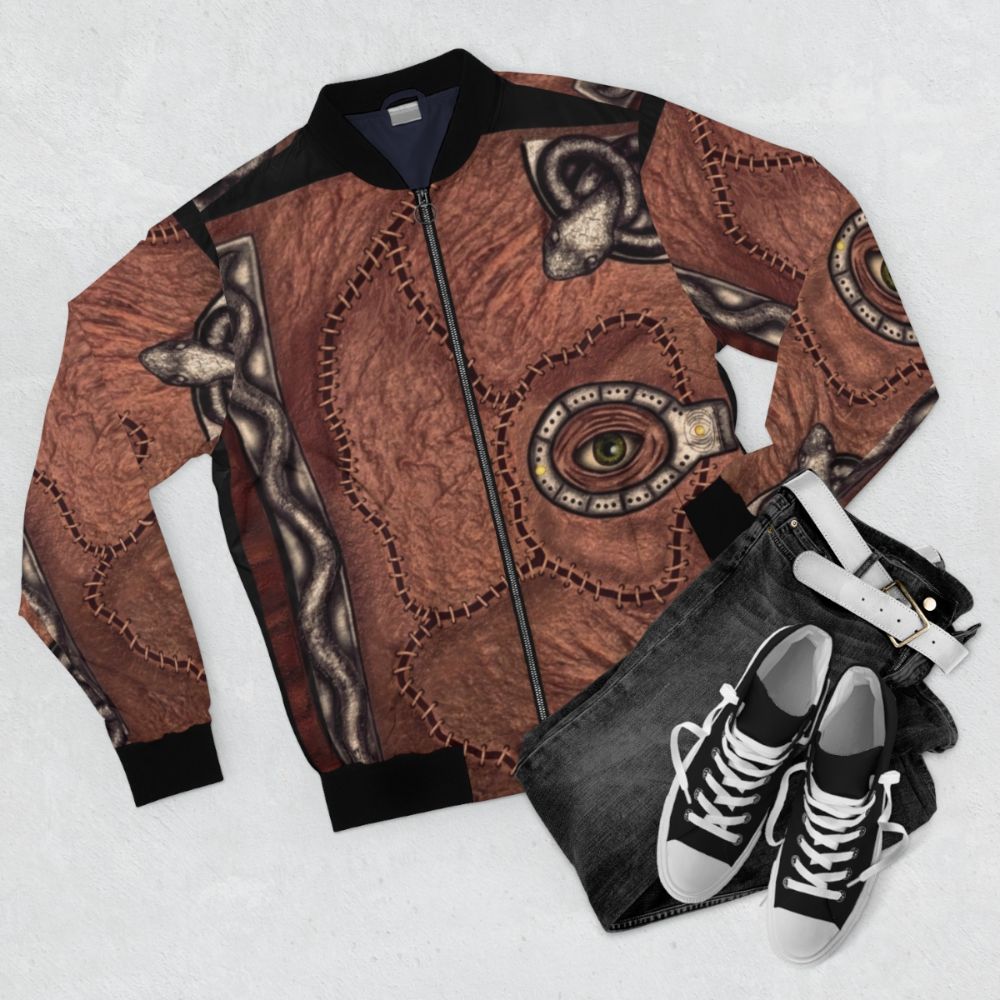 Hocus Pocus inspired bomber jacket featuring witches, spooky elements, and 90s nostalgia - Flat lay