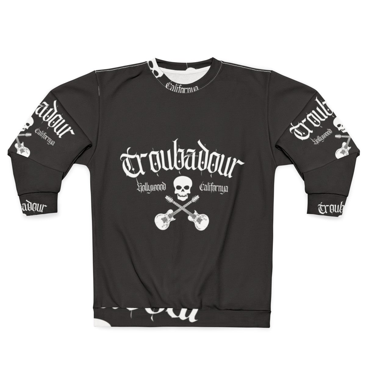 Troubadour Sweatshirt featuring classic 80s rock band skull graphic