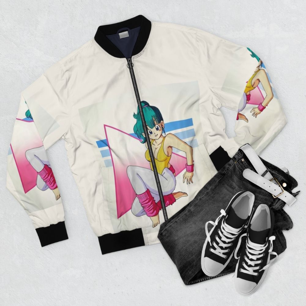 Bulma anime-inspired bomber jacket with dragon ball graphics - Flat lay