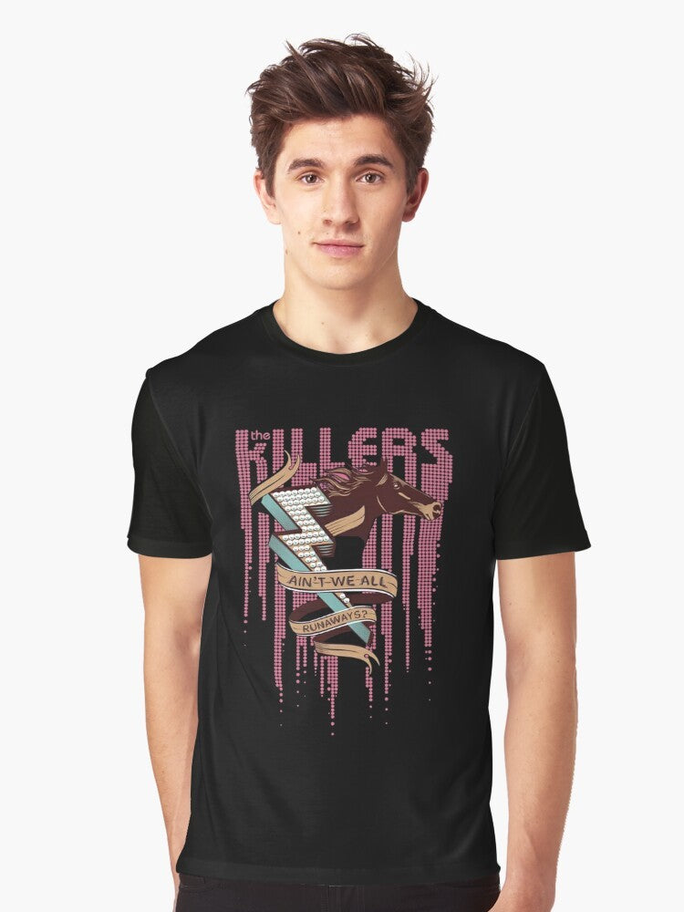 Retro graphic t-shirt featuring The Killers We All Runaways design with influences from Hall and Oates' iconic 1980s sound and style. - Men