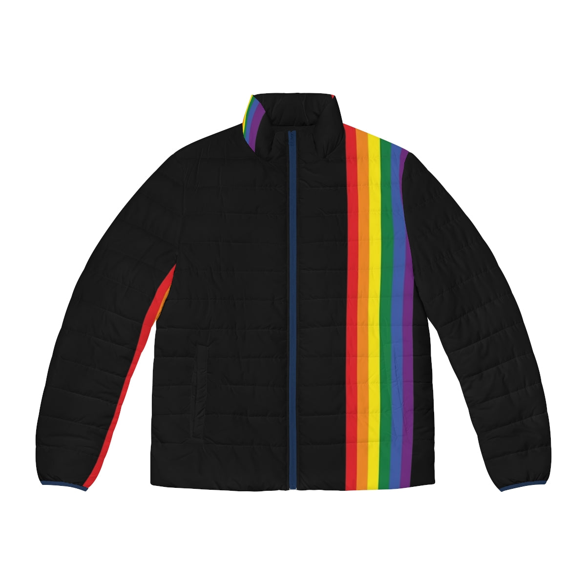 Colorful rainbow puffer jacket with LGBTQ pride stripe design