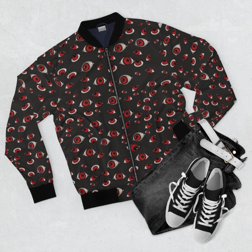 Hellsing Eyes Bomber Jacket with a dark, creepy anime-inspired pattern - Flat lay