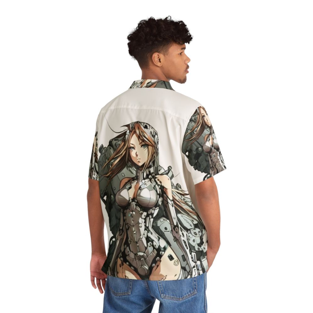 Armored anime girl wearing a gray and purple Hawaiian style shirt - Flat lay