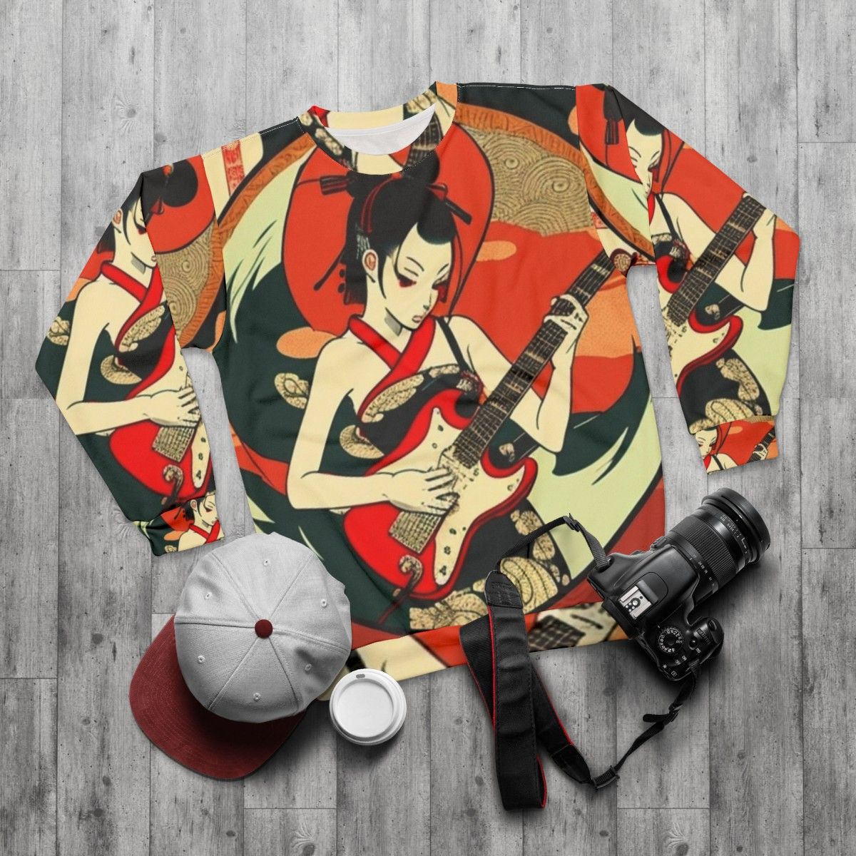 Japanese girl playing guitar on a stylish sweatshirt - flat lay