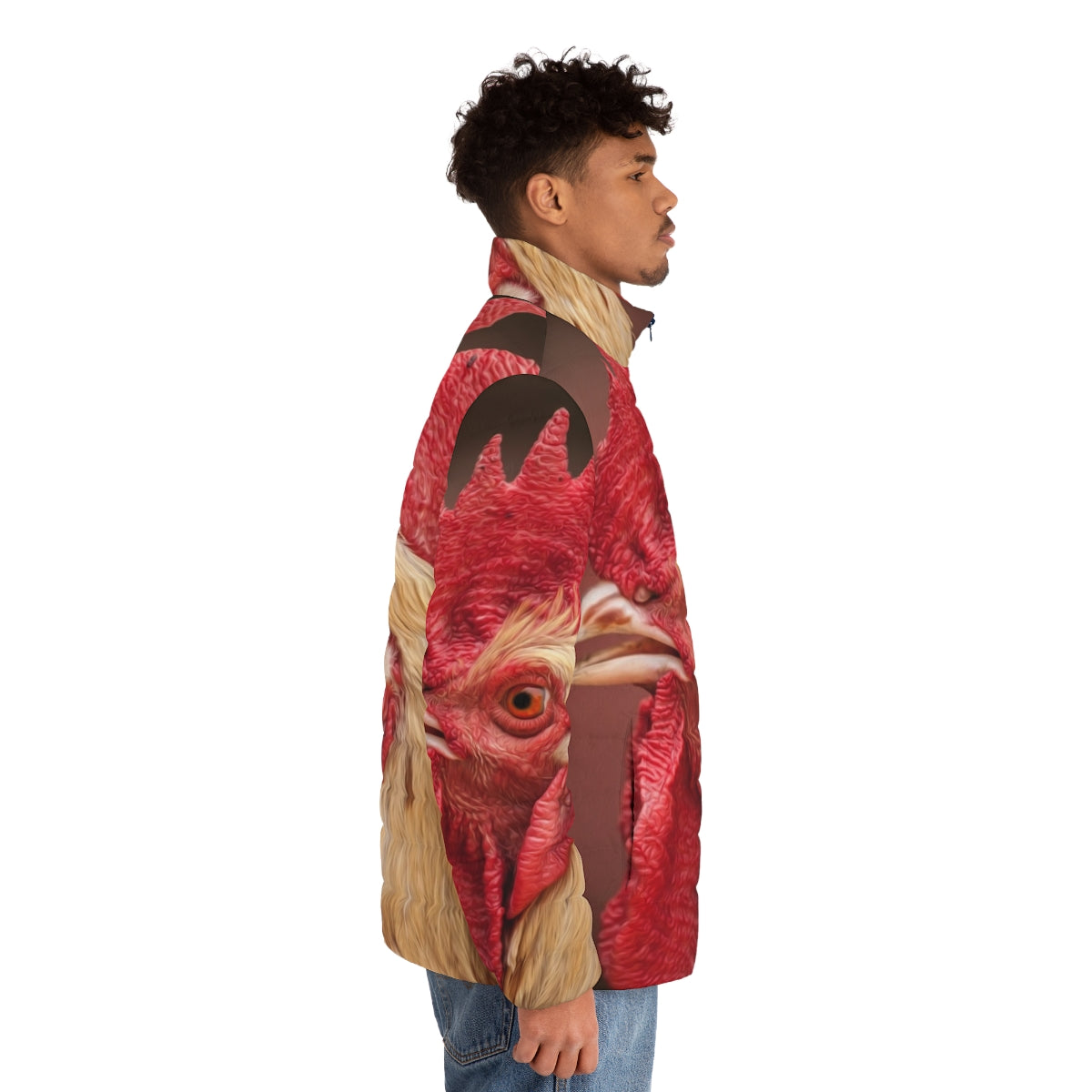 Rooster chicken puffer jacket in red with farm animal designs - men side right