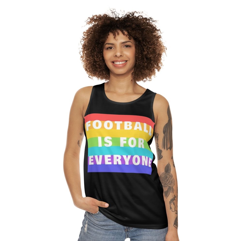 Unisex football tank top with "Football Is For Everyone" graphic - women