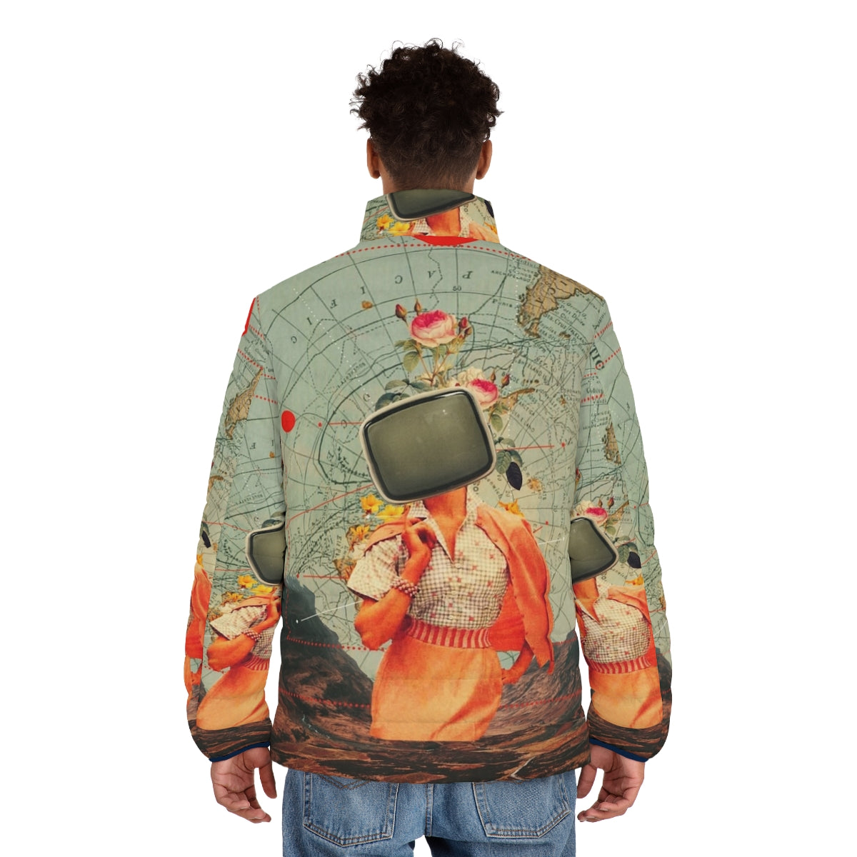 Retro graphic design puffer jacket with surreal collage elements - men back