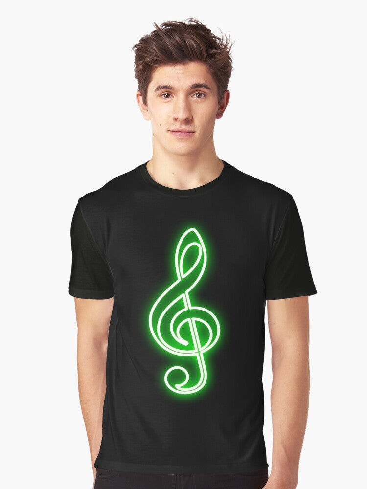 Neon green graphic t-shirt with a treble clef design for music enthusiasts - Men