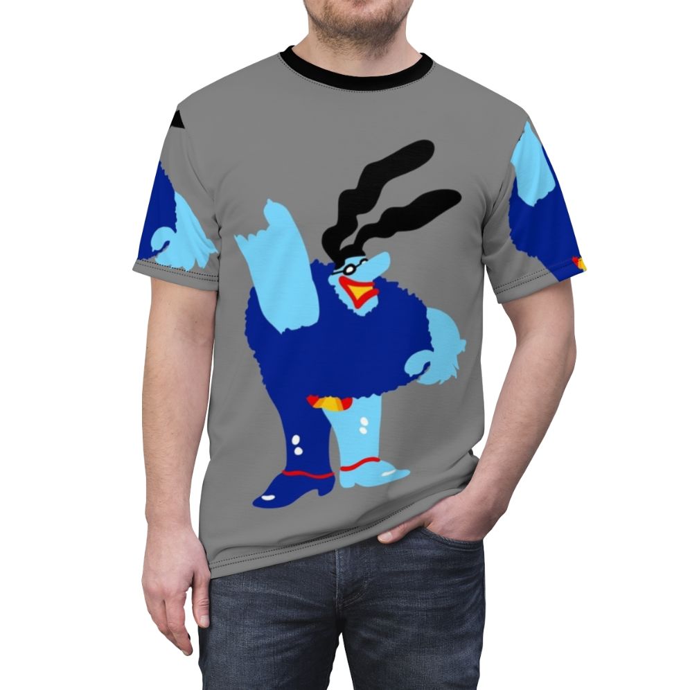 Retro-style t-shirt with a blue meanie graphic design, inspired by 1960s music and culture. - men front