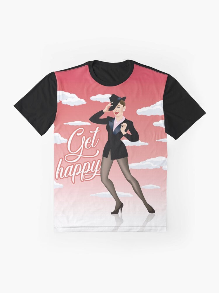 "Get Happy" graphic t-shirt with a vibrant design featuring a happy, musical icon. - Flat lay