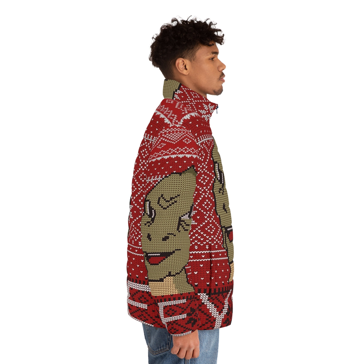 Yee Ugly Christmas Puffer Jacket featuring a dinosaur meme design - men side right