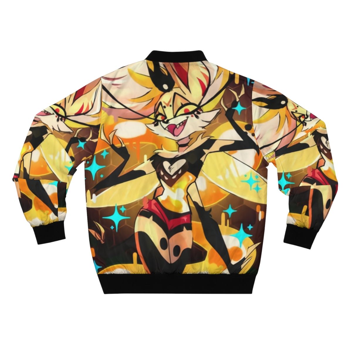 Beelzebub Helluva Boss bomber jacket featuring a fierce, badass design with a bee, honeycomb, and fiery elements. - Back