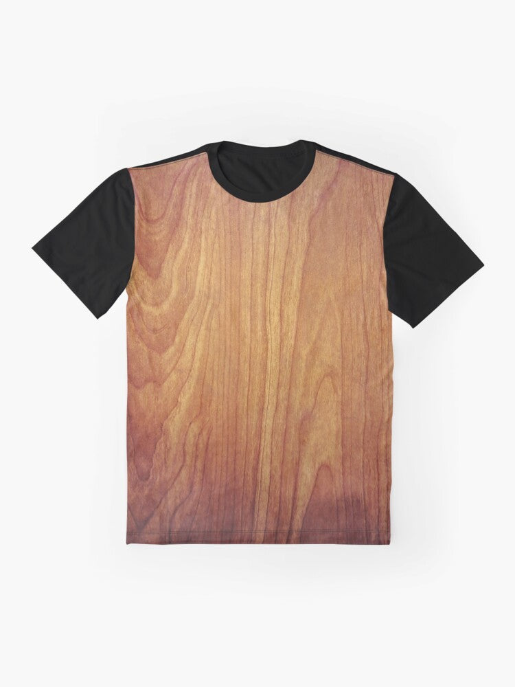 Closeup photo of a natural wood texture graphic printed on a t-shirt - Flat lay