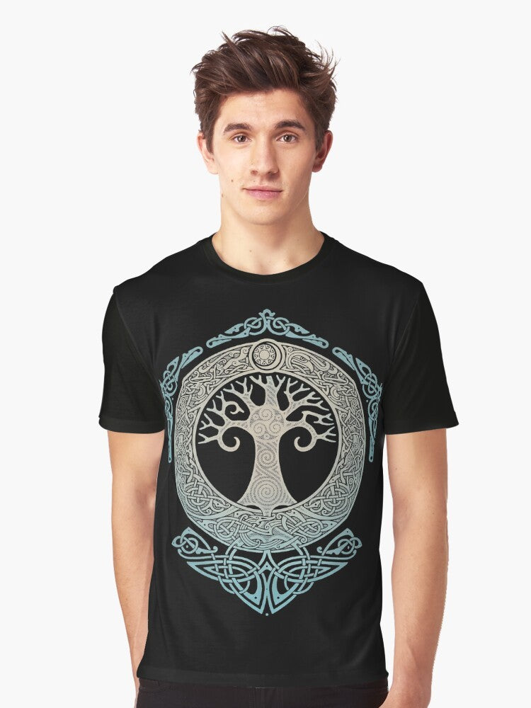 Graphic t-shirt design featuring Yggdrasil, the mythical tree of life from Norse mythology - Men