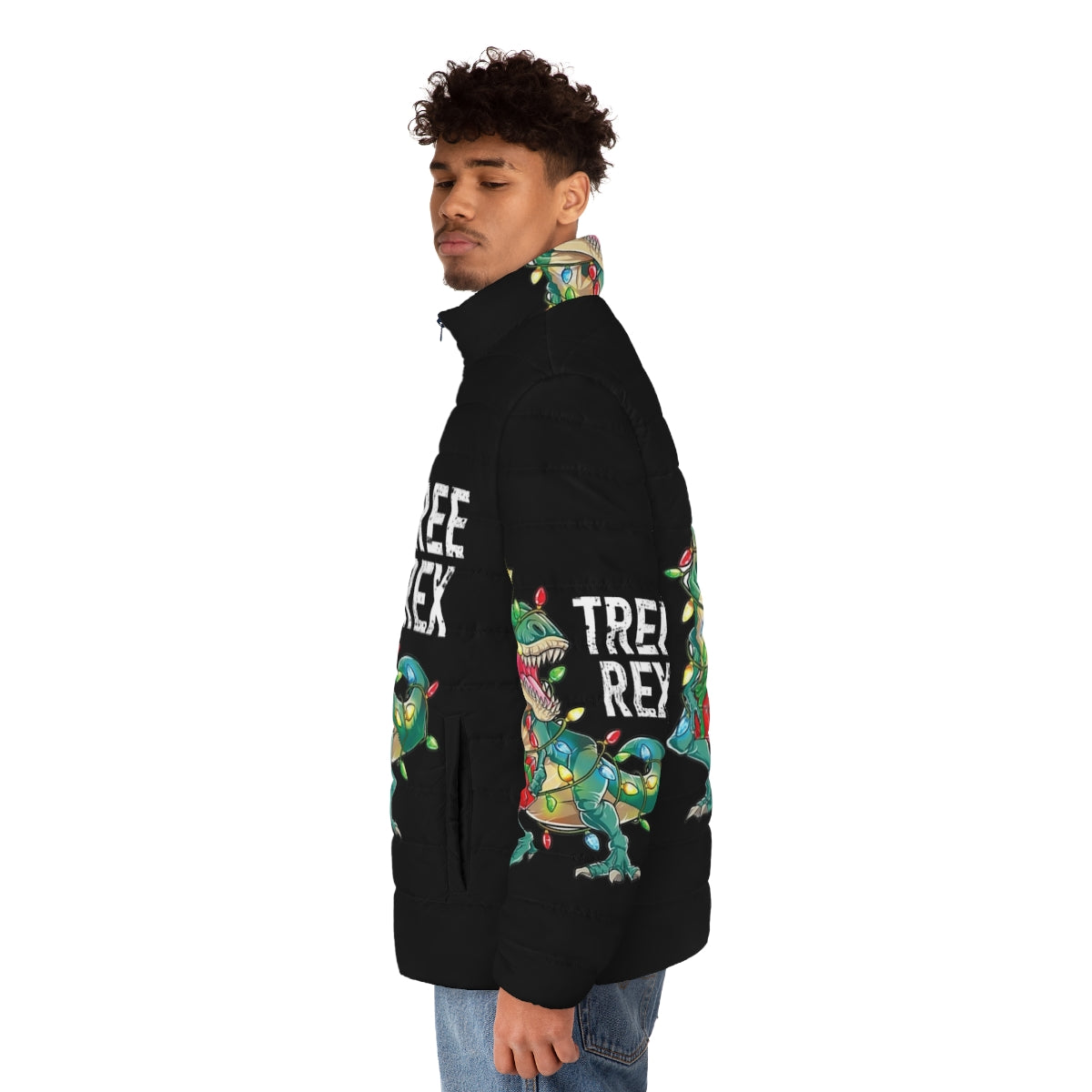 A cheerful puffer jacket featuring a Christmas dinosaur tree rex design - men side left