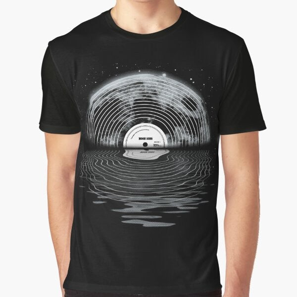 Graphic t-shirt with a moon and stars design, featuring a retro music and space theme.