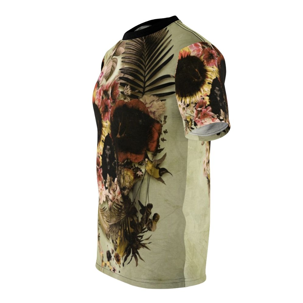 Artwork featuring a skull design with floral and nature elements, showcased on an all-over print t-shirt. - men left