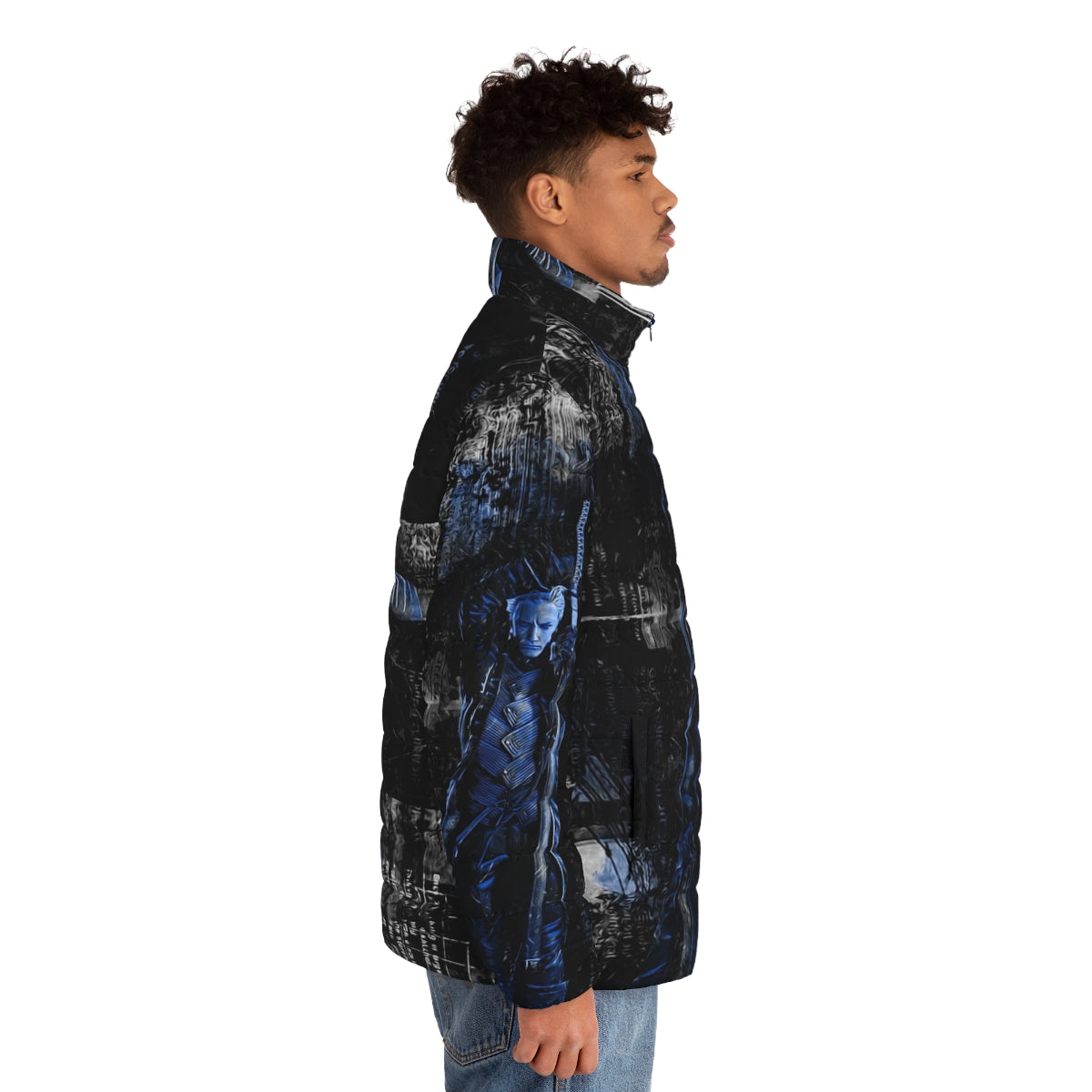 Blue puffer jacket with anime and video game inspired design - men side right