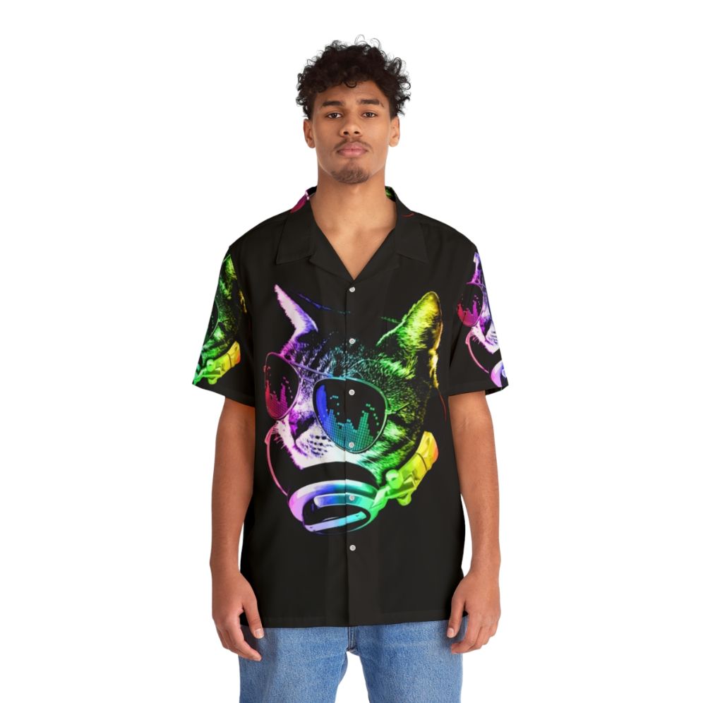 Rainbow Music Cat Hawaiian Shirt featuring a cat wearing headphones - People Front