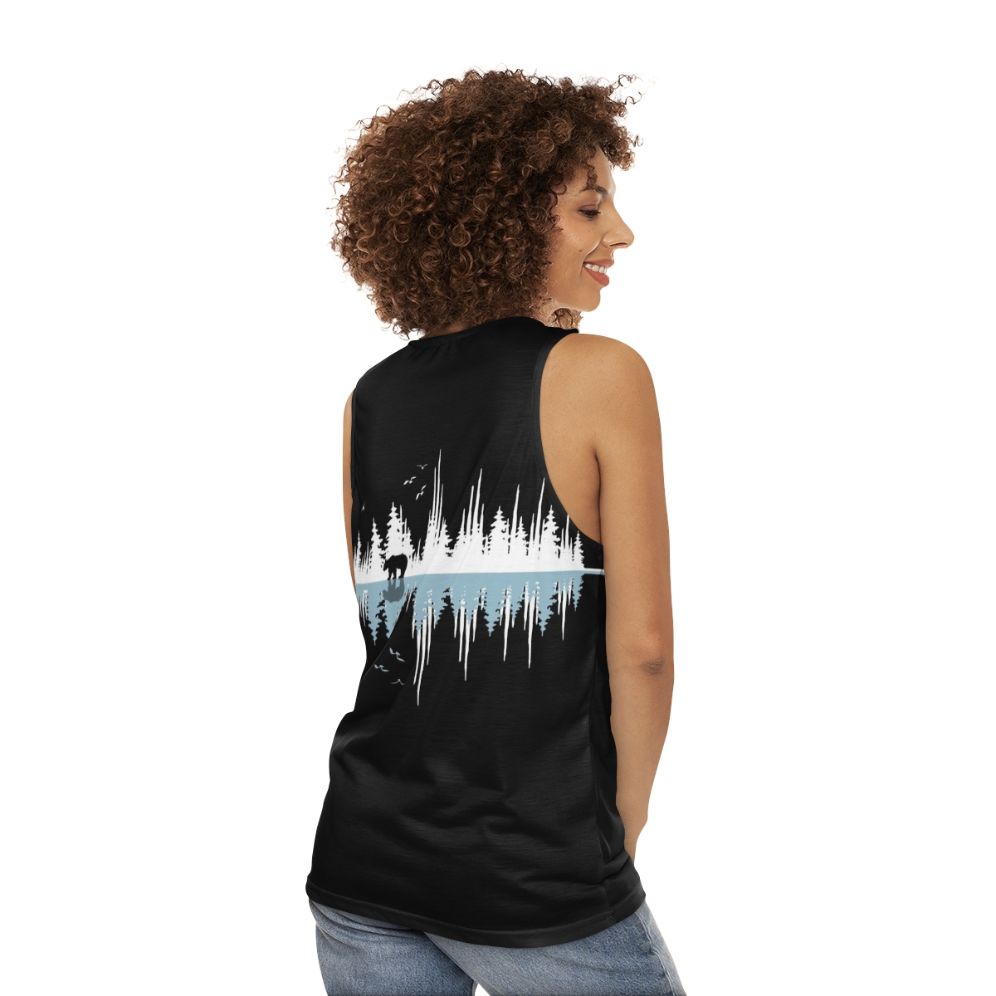 Minimalist nature music sound wave design on a unisex tank top - women back