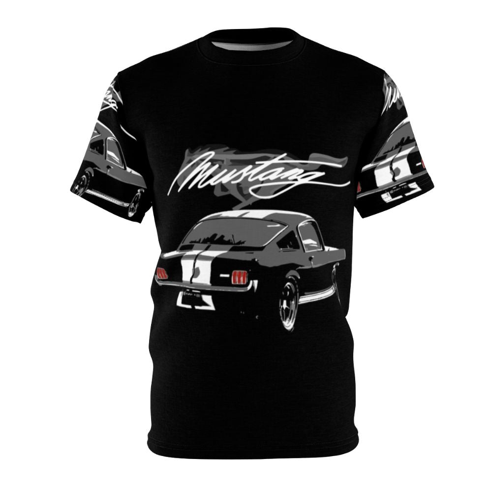 Stylized 1965 Ford Mustang Fastback muscle car graphic on a t-shirt