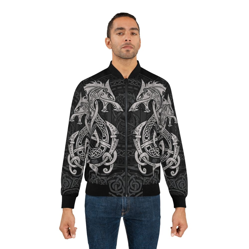 Fighting Fenrir Nordic Bomber Jacket featuring wolf, rune, and Celtic knot design - Lifestyle