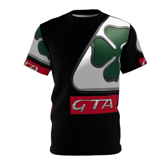 Vintage-inspired Alfa Romeo Quadrifoglio-themed all-over-print t-shirt with motorsport elements