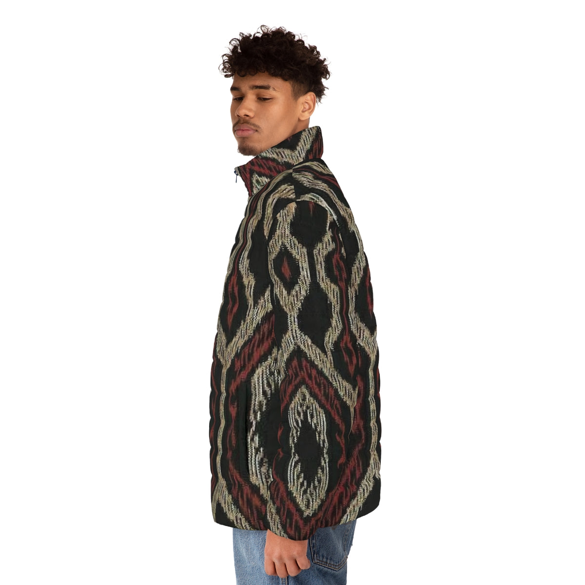 Ethnic puffer jacket with abstract indigenous mountain pattern from the Philippines - men side left