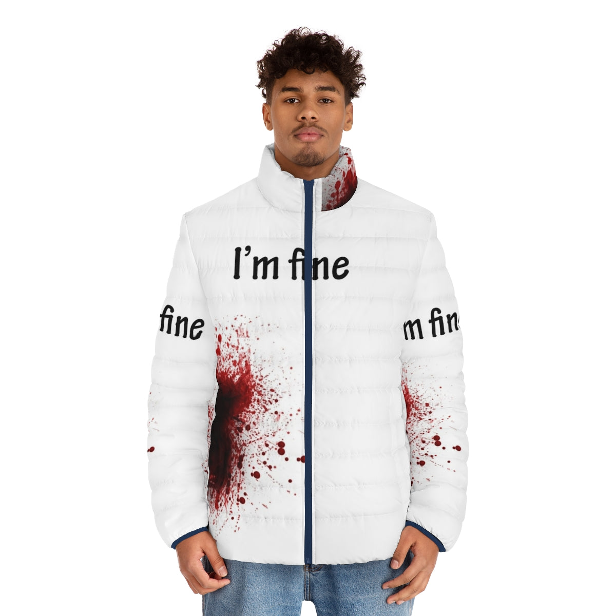 A person wearing the "I Am Fine" puffer jacket, a stylish and warm winter coat - men front