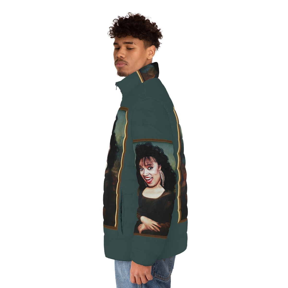 Mona Lisa Jackee Puffer Jacket featuring pop culture art of iconic actress Jackee Harry - men side left