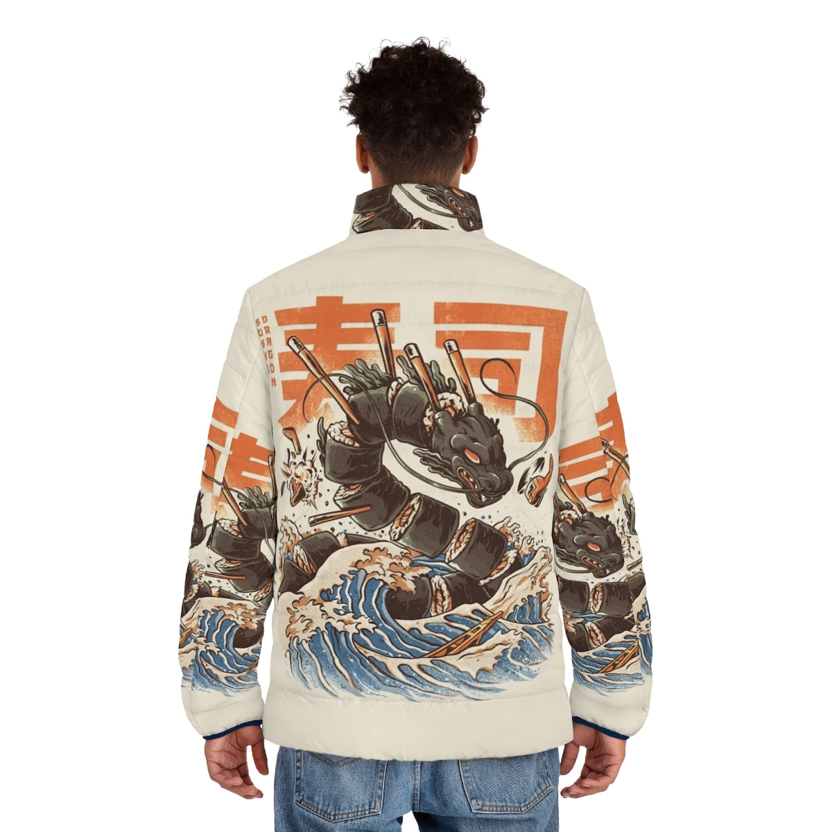 Vibrant puffer jacket featuring a fierce sushi dragon illustration in an anime-inspired, retro style - men back