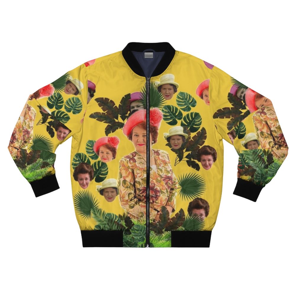 A colorful bomber jacket featuring the iconic Hyacinth Bucket from the classic British comedy 'Keeping Up Appearances'