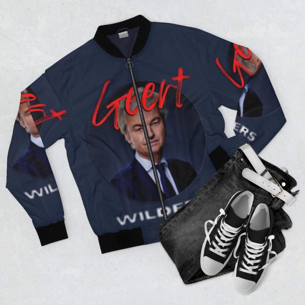 Geert Wilders Inspired Bomber Jacket for Dutch Political Supporters - Flat lay