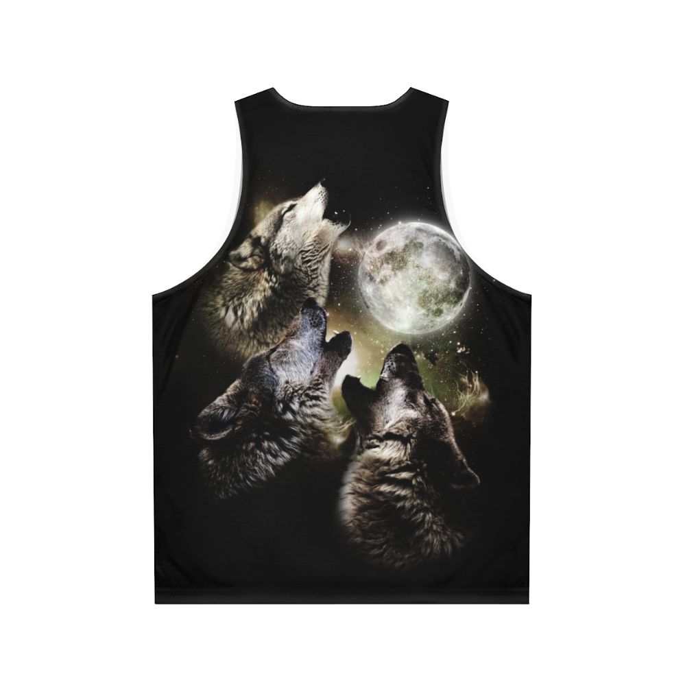 Three wolves howling at the moon on a unisex tank top - Back