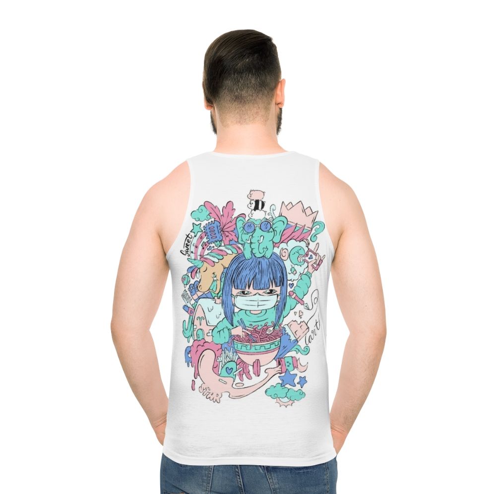 Unisex tank top featuring women's hobbies and cute animals like unicorns, bears, and elephants - men back