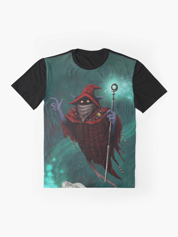 Vintage-style graphic t-shirt featuring the character Orko from the Masters of the Universe series - Flat lay