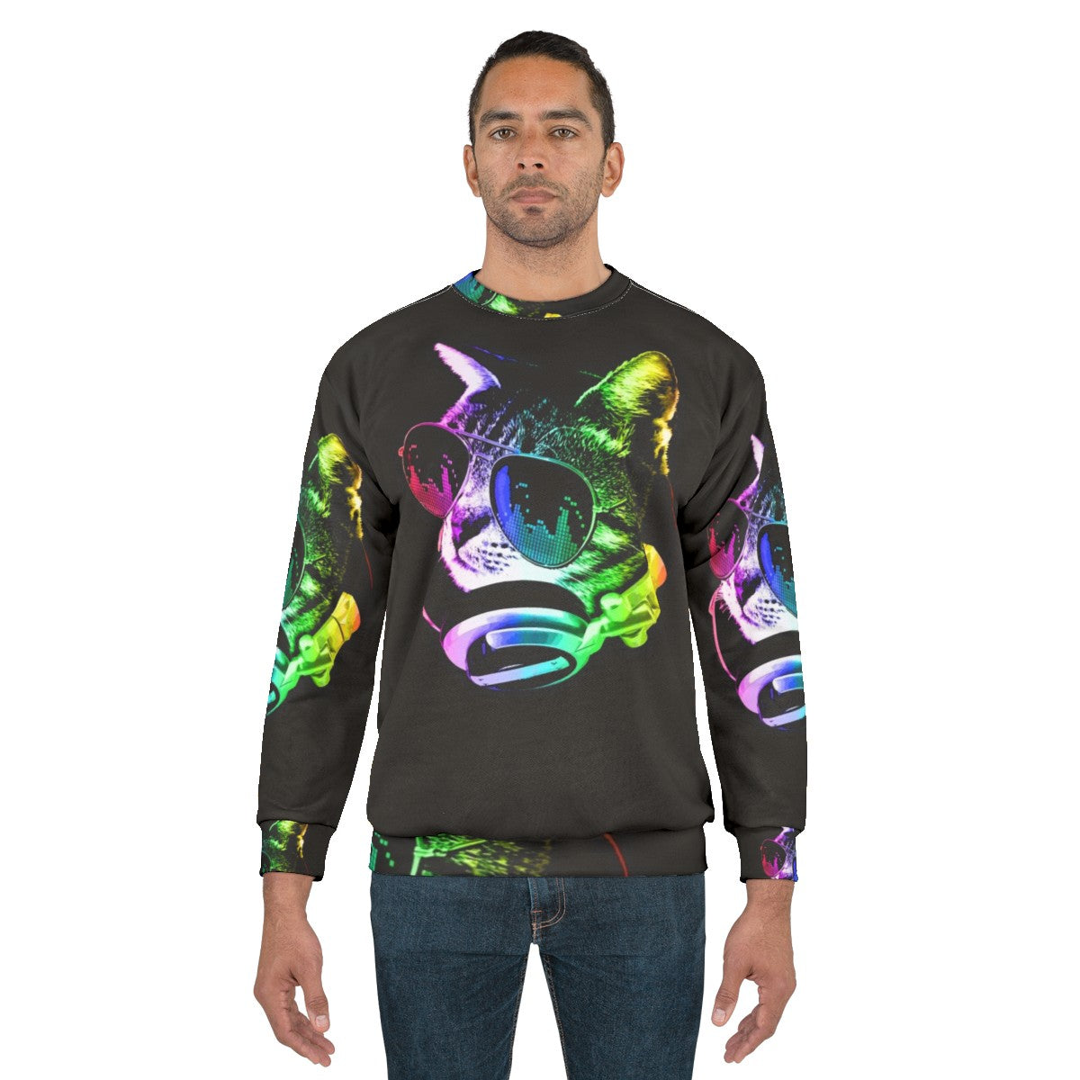 Colorful music cat sweatshirt with rainbow and headphones - men