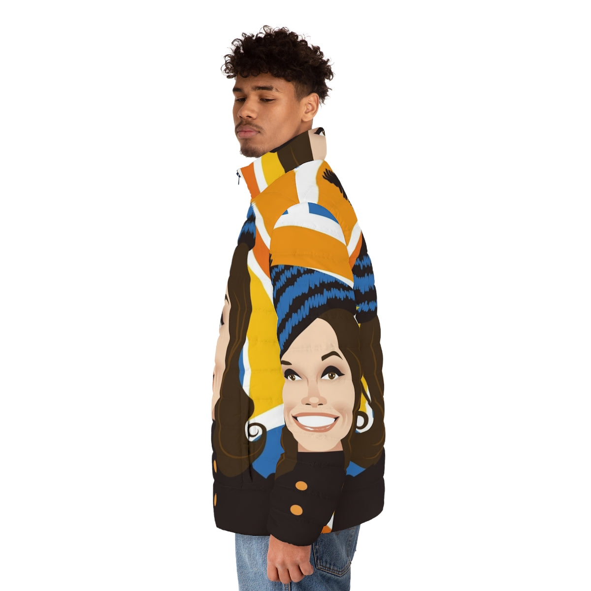 Mary Tyler Moore wearing a puffer jacket with Alejandro Mogollo art - men side left