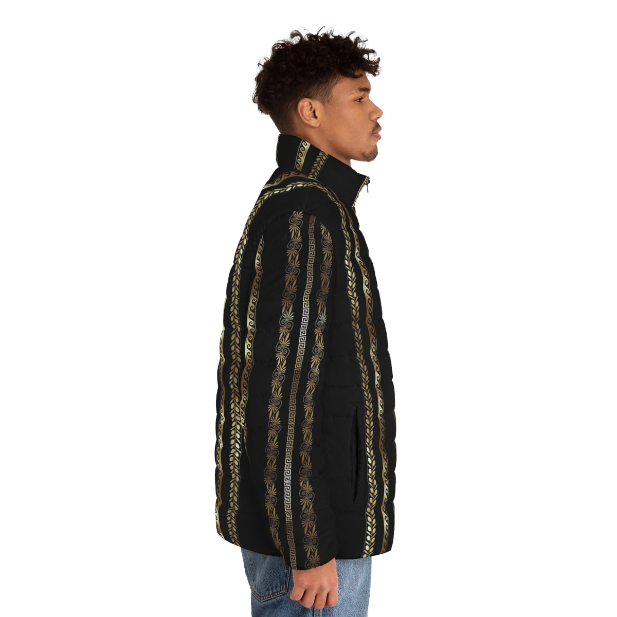 Gold puffer jacket with Greek key pattern - men side right