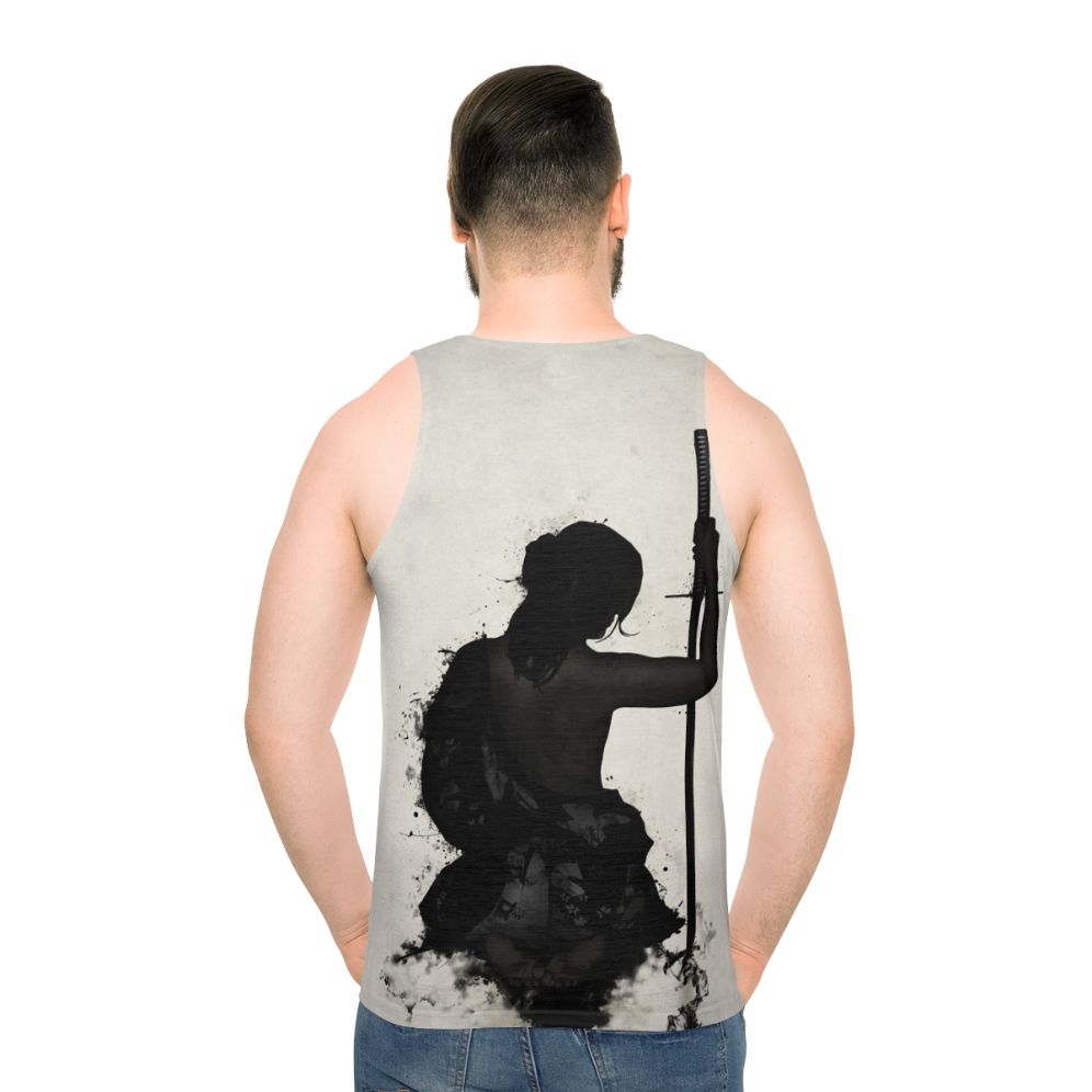 Female Samurai Warrior in Watercolor Splatter Unisex Tank Top - men back