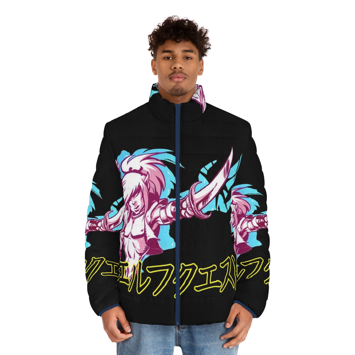 Elfquest Katakana Puffer Jacket featuring fantasy art and characters - men front