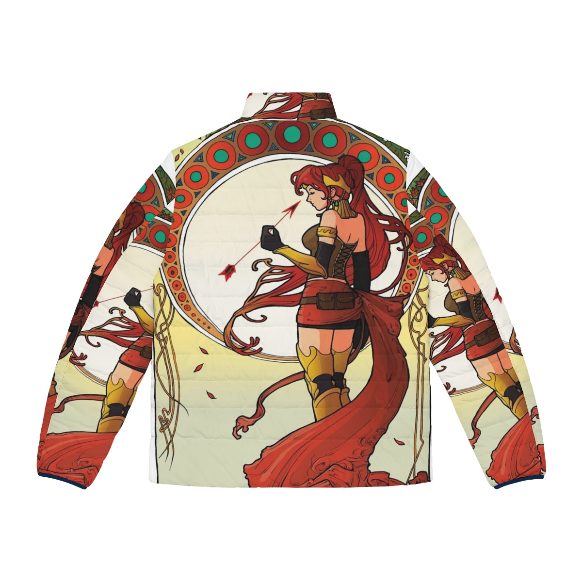 A puffer jacket featuring a striking anime-inspired graphic design with a redhead gladiator character - Back