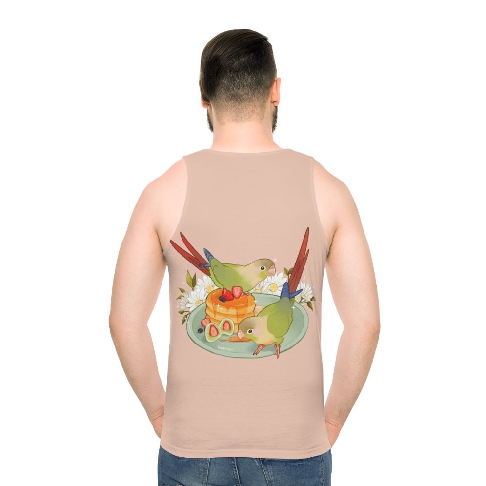 Cinnamon Conure Unisex Tank Top with Fluffy Pancakes Design - men back