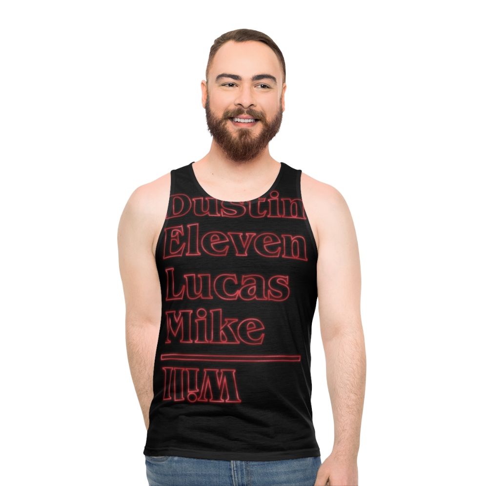 Unisex Stranger Things Retro 80s Tank Top with Dustin, Eleven, Lucas, and Mike Characters - men