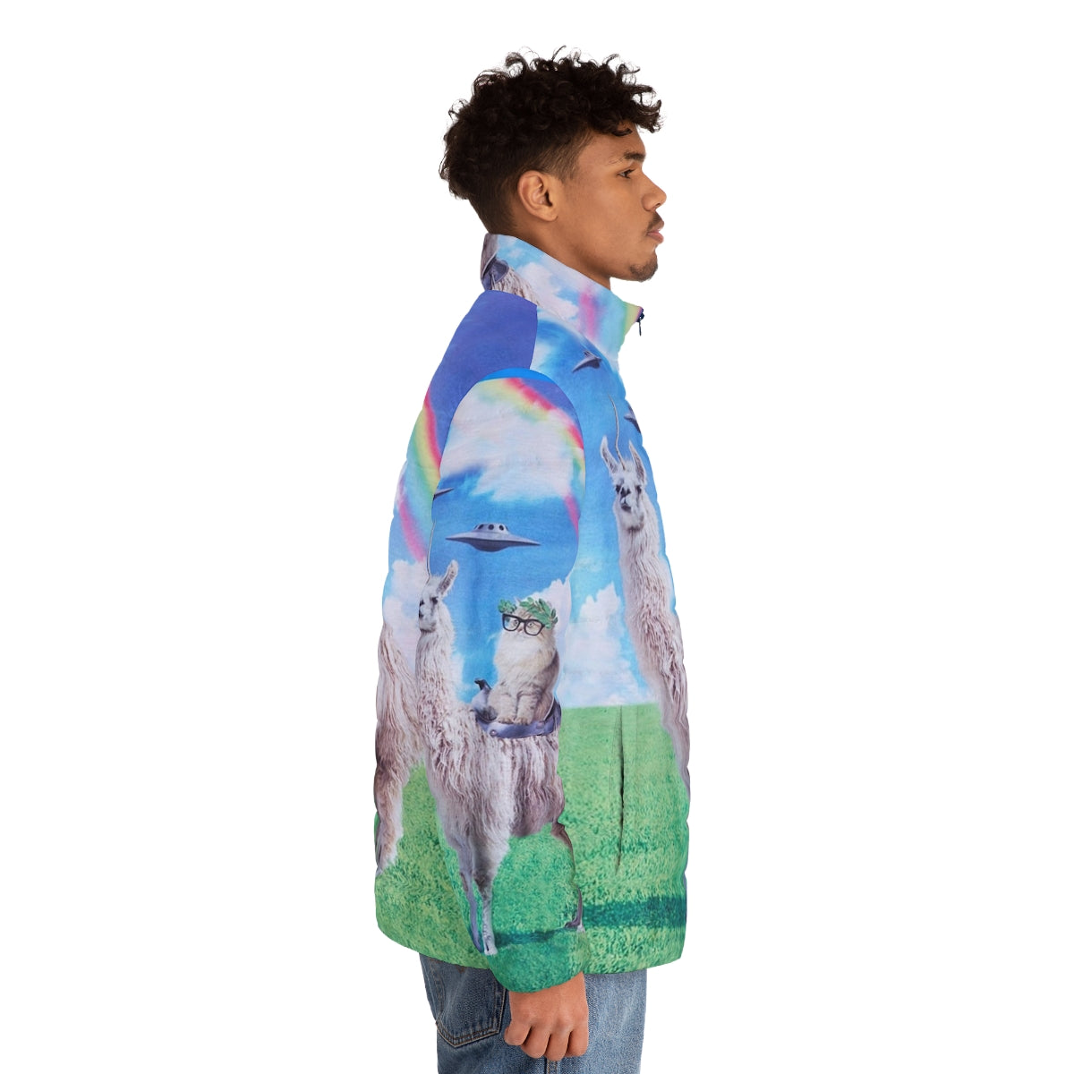 A colorful puffer jacket featuring a cat riding a llama unicorn in a space-themed design with rainbows and UFOs. - men side right