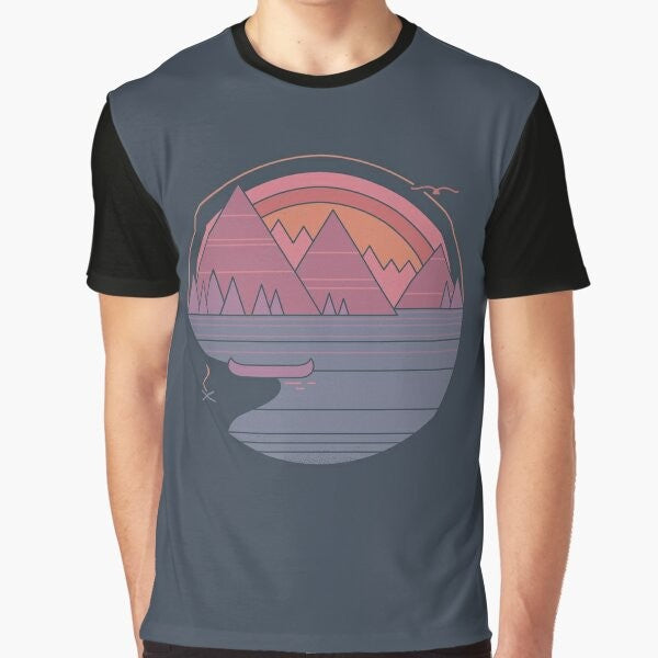 Graphic t-shirt with a minimalist mountain landscape design, perfect for outdoor enthusiasts and adventure-seekers.