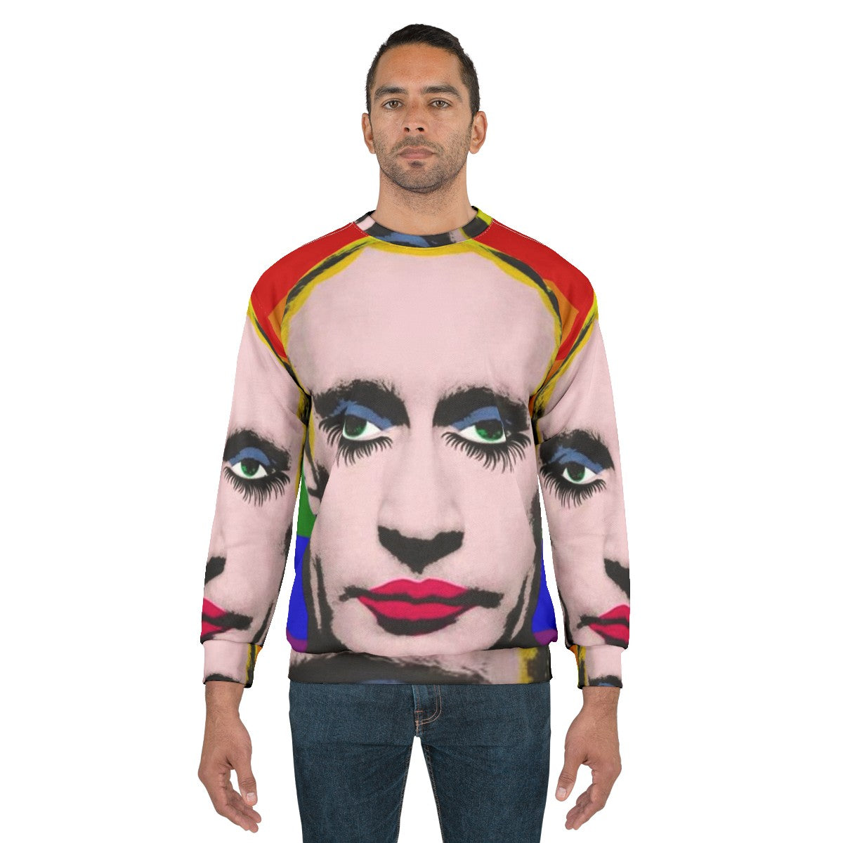 Gay Putin Pride Flag Sweatshirt featuring drag queen imagery as protest art - men