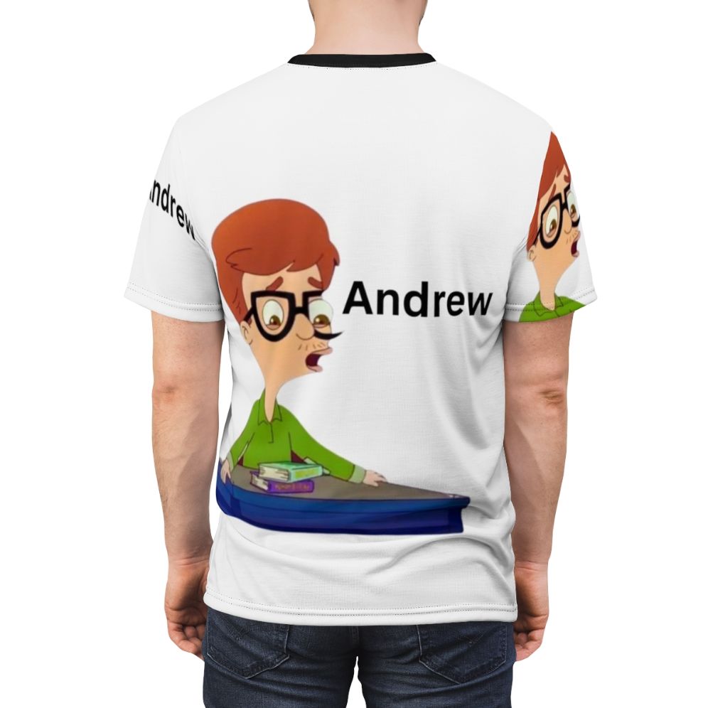 Vibrant fan-made Big Mouth t-shirt design featuring the character Andrew Glouberman - men back