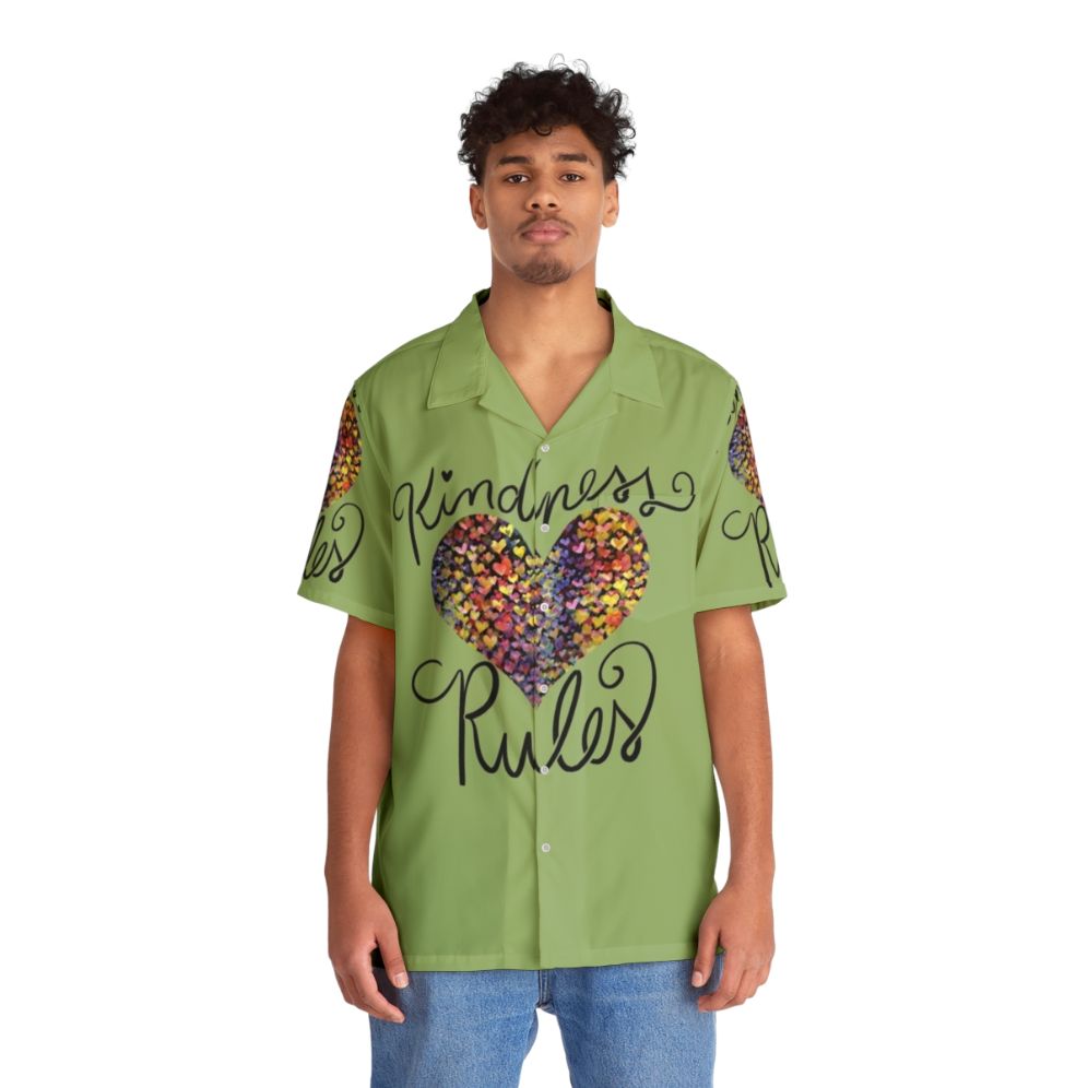 Colorful Hawaiian shirt with "Kindness Rules" text and heart design - People Front